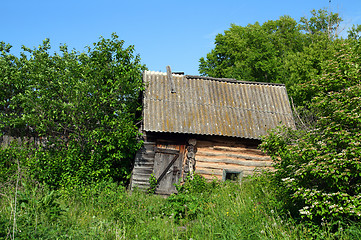 Image showing old obsolete bath-house in lush foliage