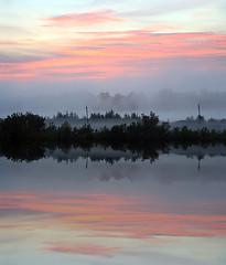 Image showing mist landscape with sunrise over lake