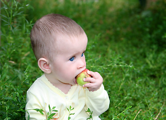 Image showing small baby biting apple