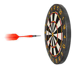 Image showing dartboard with dart flying in aim