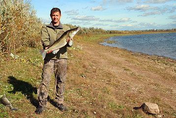 Image showing fishing man with big zander fish