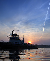 Image showing sunset on river and ship