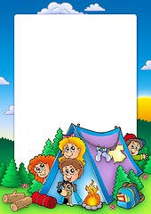 Image showing Frame with group of camping kids