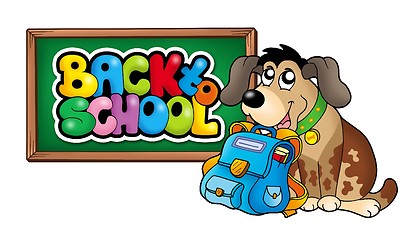 Image showing Dog with school bag and chalkboard