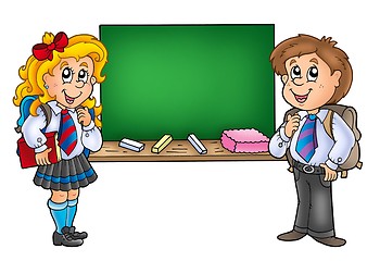 Image showing Girl and boy with old chalkboard