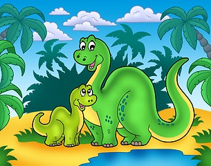 Image showing Dinosaur family in landscape