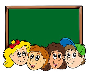 Image showing Various kids faces with blackboard