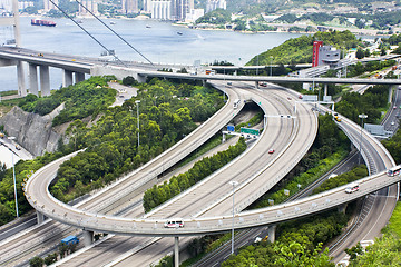 Image showing Aerial view of complex highway interchange in HongKong