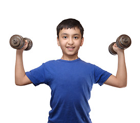 Image showing similing boy exercise with dumbbells