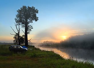 Image showing fog sunrise on the river