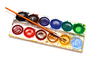 Image showing set of water-colour paints and brush