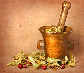 Image showing Old bronze mortar with linden and rose hips