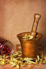 Image showing Old bronze mortar with herbs and rose hips