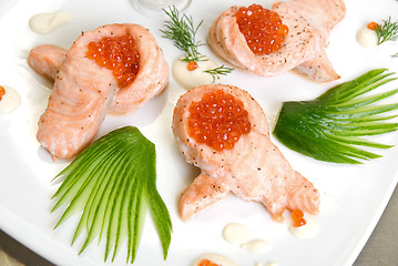 Image showing roasted salmon filet with red caviar