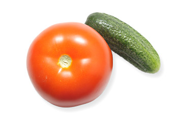 Image showing Red ripe tomato and a cucumber isolated on white