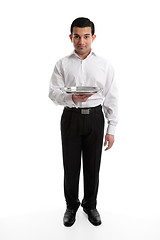 Image showing Servant or waiter with empty silver tray