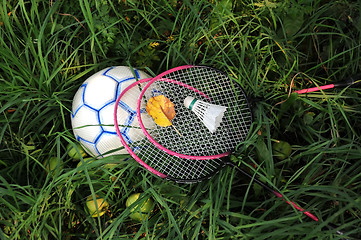 Image showing Badminton Rackets and Bird on the Ball