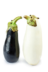 Image showing Black and white eggplants as funny puppets isolated on white