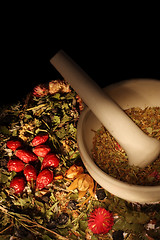 Image showing Mortar and pestle with herbs