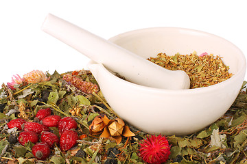 Image showing Mortar and pestle with herbs