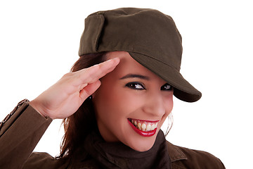 Image showing happy woman army soldier saluting