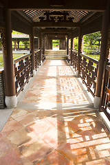 Image showing Traditional Chinese architecture, long corridor in outdoor park 