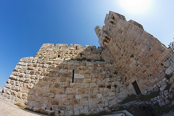 Image showing Fisheye view of an ancient citadel in Jerusalem 