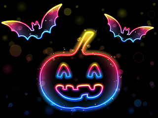 Image showing Halloween Neon Background with Pumpkin and Bats