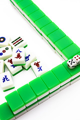 Image showing Mahjong tiles aligned and two dices 