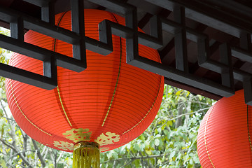 Image showing line chinese red lantern in the temple 
