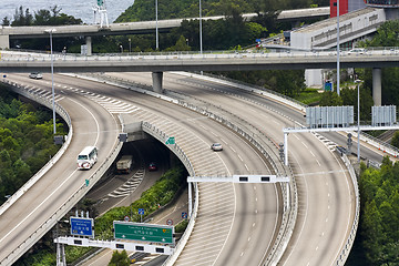 Image showing Aerial view of complex highway interchange in HongKong