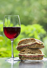 Image showing Wine and sandwich