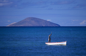 Image showing Local boat with fisherman Mauritius Island