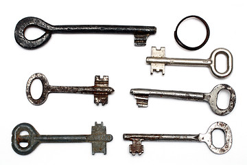 Image showing six old rusty keys and keyring