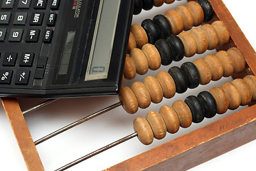 Image showing old wooden abacus and electronic calculator