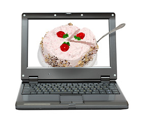 Image showing laptop with strawberry cheesecake