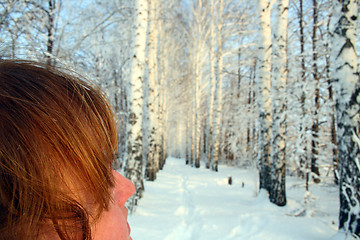 Image showing woman with red hair, looking on winter wood