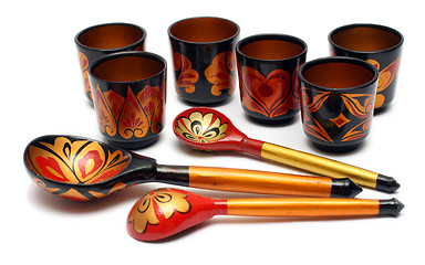 Image showing set of russian wooden spoons and cups