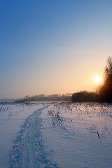 Image showing sunset landscape with ski track