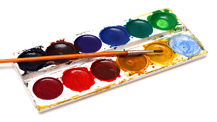 Image showing set of water-colour paints and brush