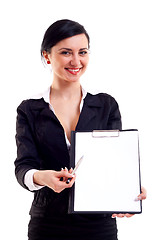 Image showing business woman shows a notepad