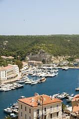 Image showing panorama Bonifacio Corsica harbor port with yachts historic lowe