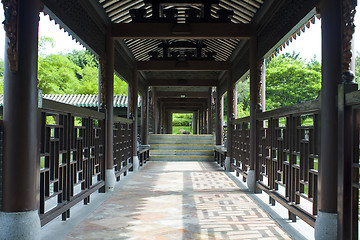 Image showing Traditional Chinese architecture, long corridor in outdoor park 