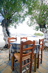 Image showing typical Greek taverna chairs table seaside Antiparos Island