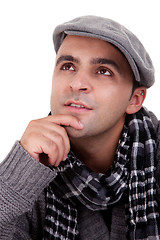 Image showing Portrait of a young man thinking, in autumn/winter clothes