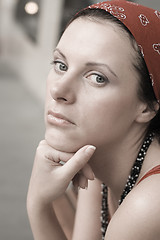 Image showing unhappy woman in red kerchief