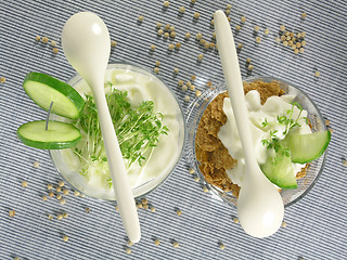 Image showing yogurt with cucumber and watercress