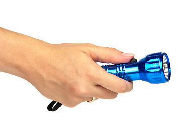 Image showing Blue metal LED flashlight in hand