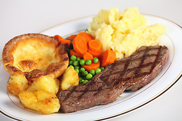 Image showing Steak, veg and Yorkshire pud