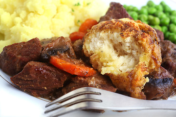Image showing Beef stew and dumplings with fork